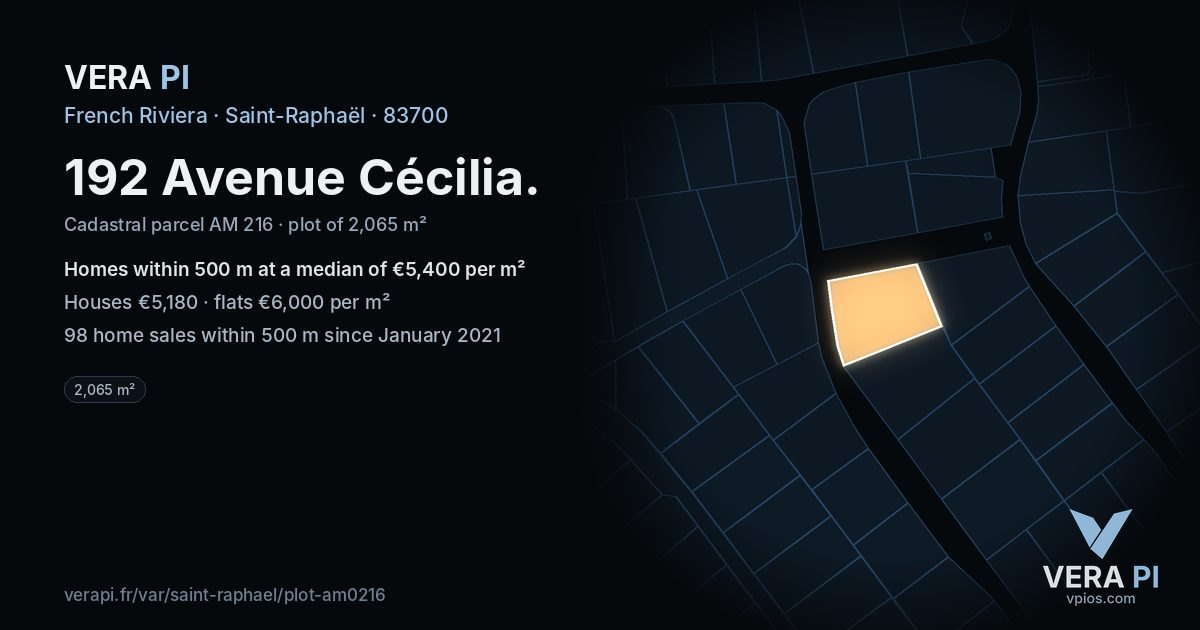 192 Avenue Cécilia, Saint-Raphaël at night – the plot lit, the parcels around coloured by the prices near them