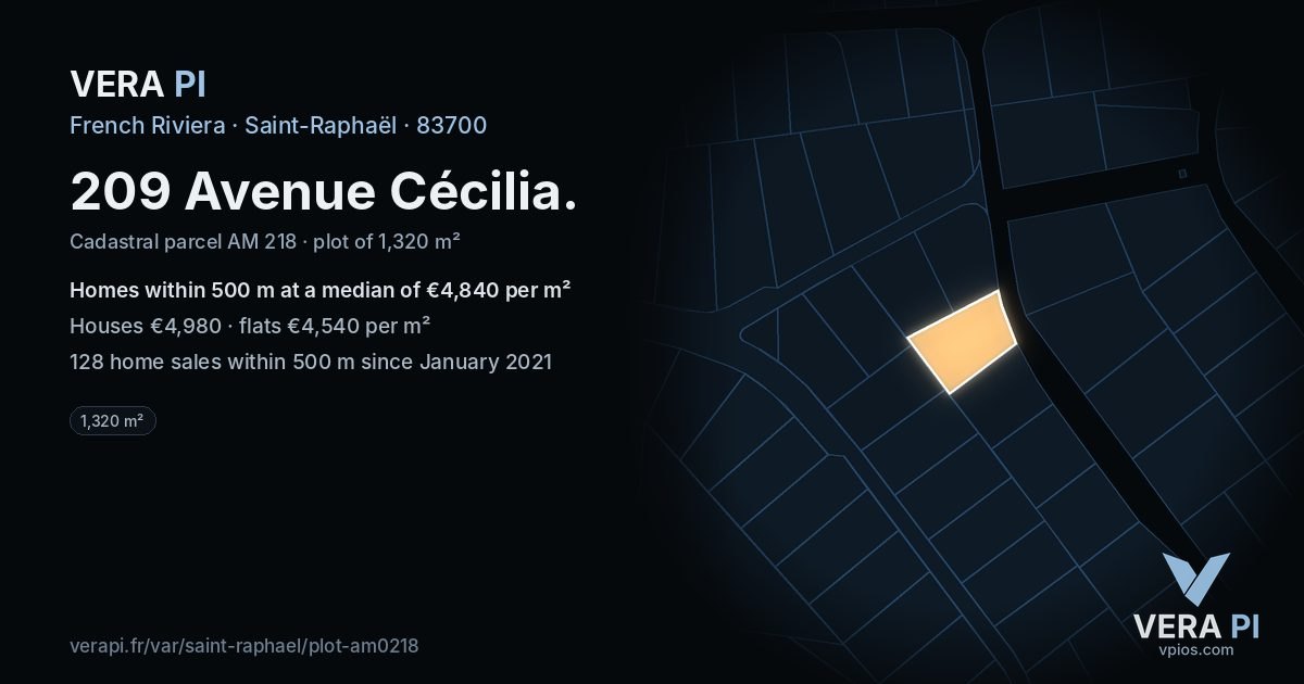 209 Avenue Cécilia, Saint-Raphaël at night – the plot lit, the parcels around coloured by the prices near them