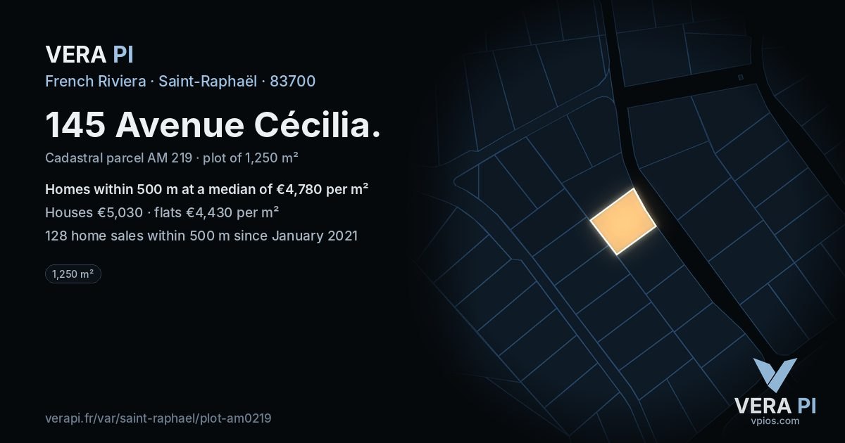 145 Avenue Cécilia, Saint-Raphaël at night – the plot lit, the parcels around coloured by the prices near them