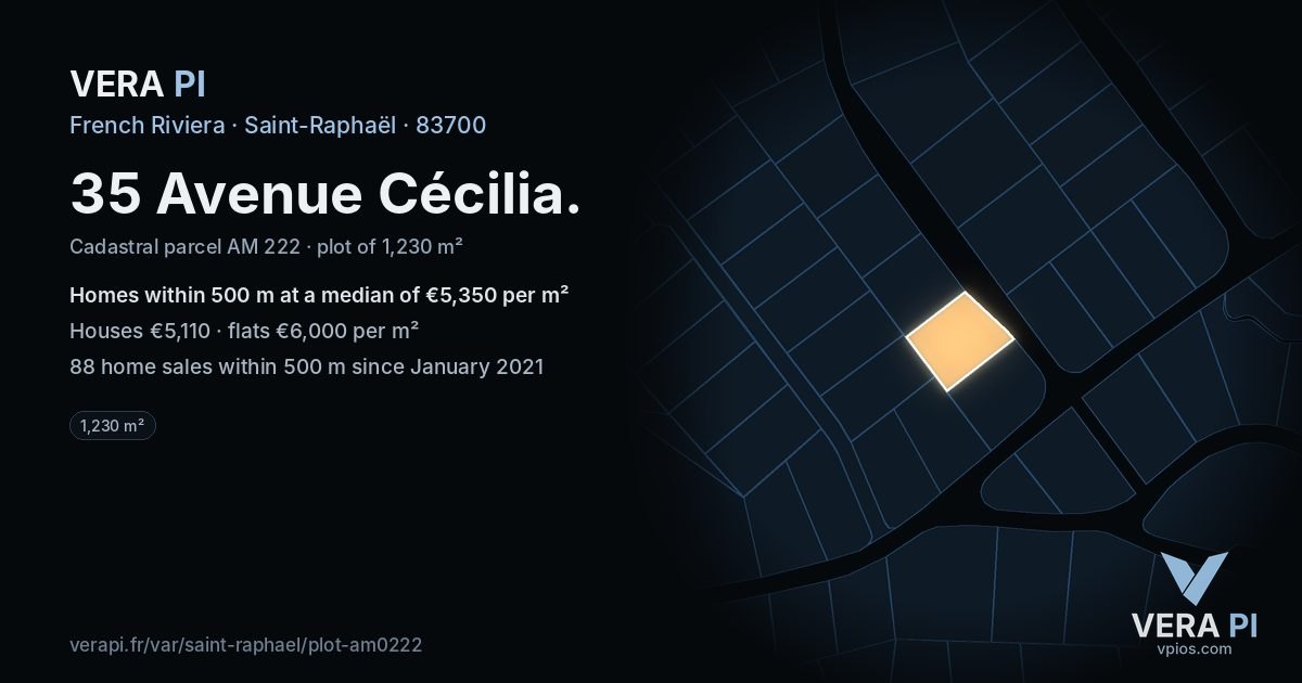 35 Avenue Cécilia, Saint-Raphaël at night – the plot lit, the parcels around coloured by the prices near them