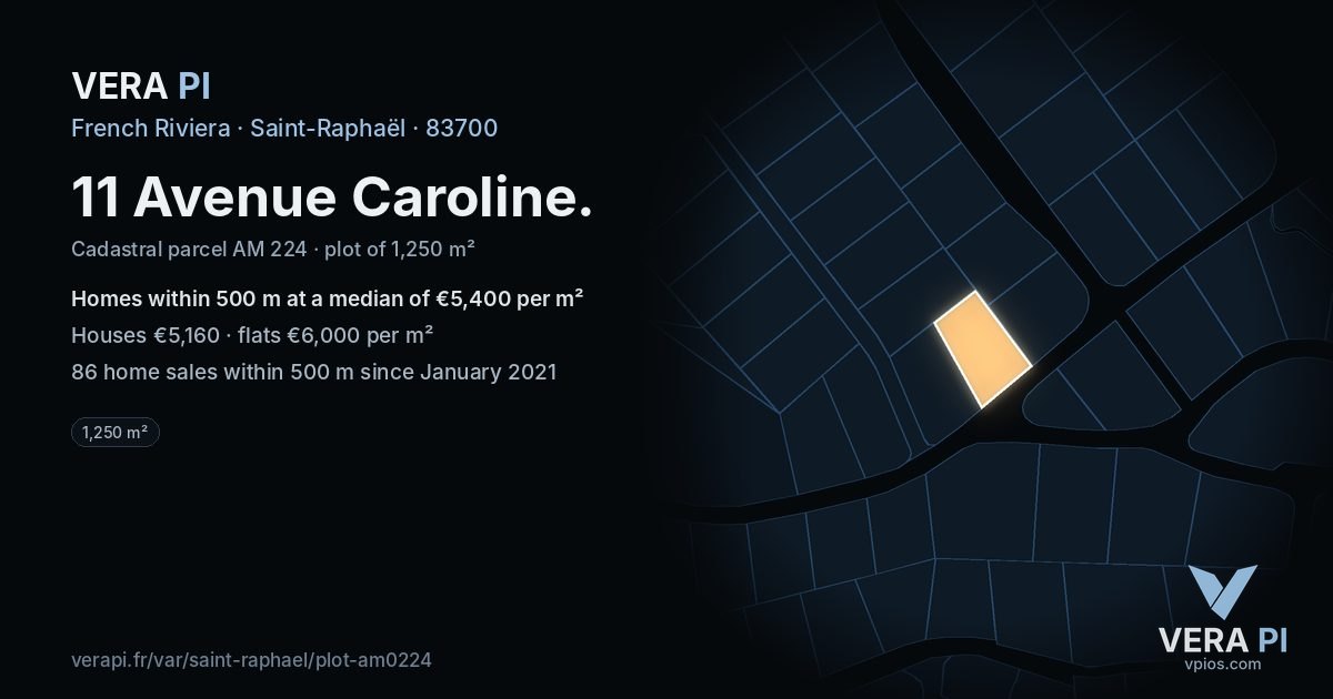 11 Avenue Caroline, Saint-Raphaël at night – the plot lit, the parcels around coloured by the prices near them