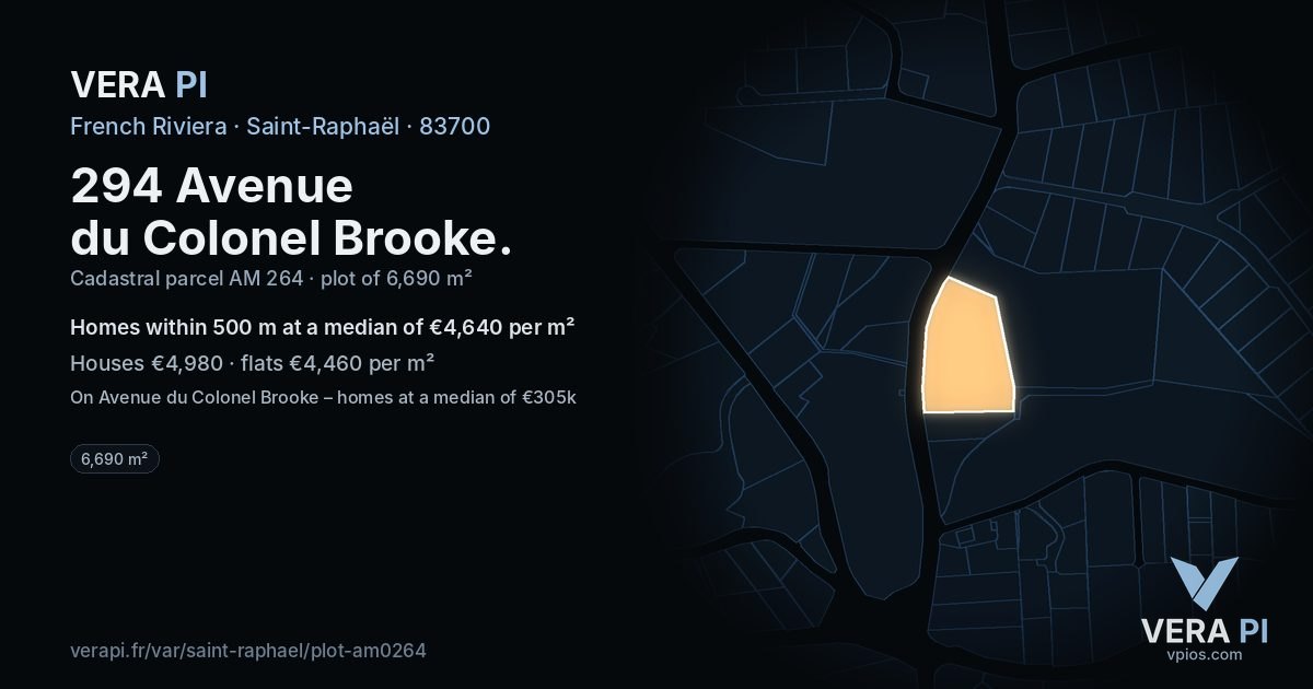 294 Avenue du Colonel Brooke, Saint-Raphaël at night – the plot lit, the parcels around coloured by the prices near them