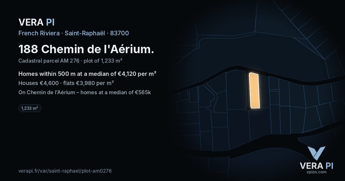 188 Chemin de l'Aérium, Saint-Raphaël at night – the plot lit, the parcels around coloured by the prices near them