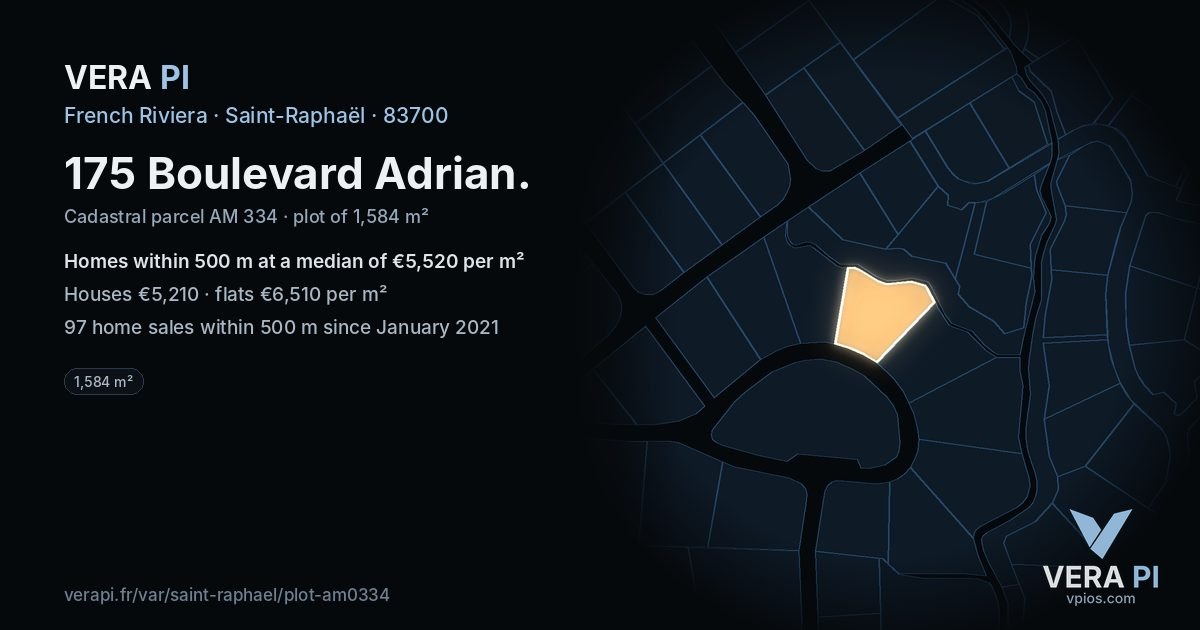 175 Boulevard Adrian, Saint-Raphaël at night – the plot lit, the parcels around coloured by the prices near them