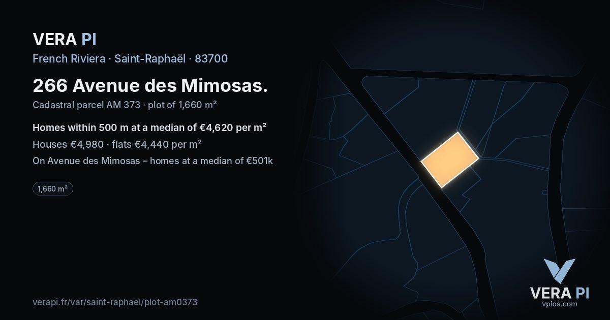 266 Avenue des Mimosas, Saint-Raphaël at night – the plot lit, the parcels around coloured by the prices near them