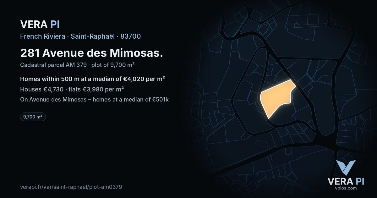 281 Avenue des Mimosas, Saint-Raphaël at night – the plot lit, the parcels around coloured by the prices near them