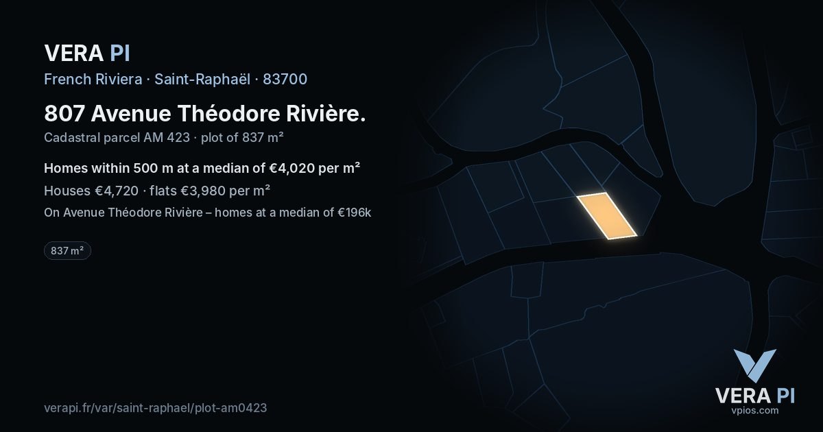 807 Avenue Théodore Rivière, Saint-Raphaël at night – the plot lit, the parcels around coloured by the prices near them