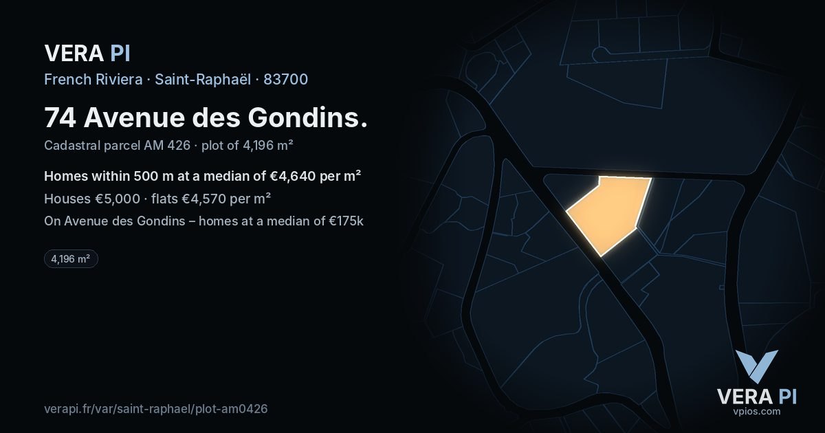 74 Avenue des Gondins, Saint-Raphaël at night – the plot lit, the parcels around coloured by the prices near them