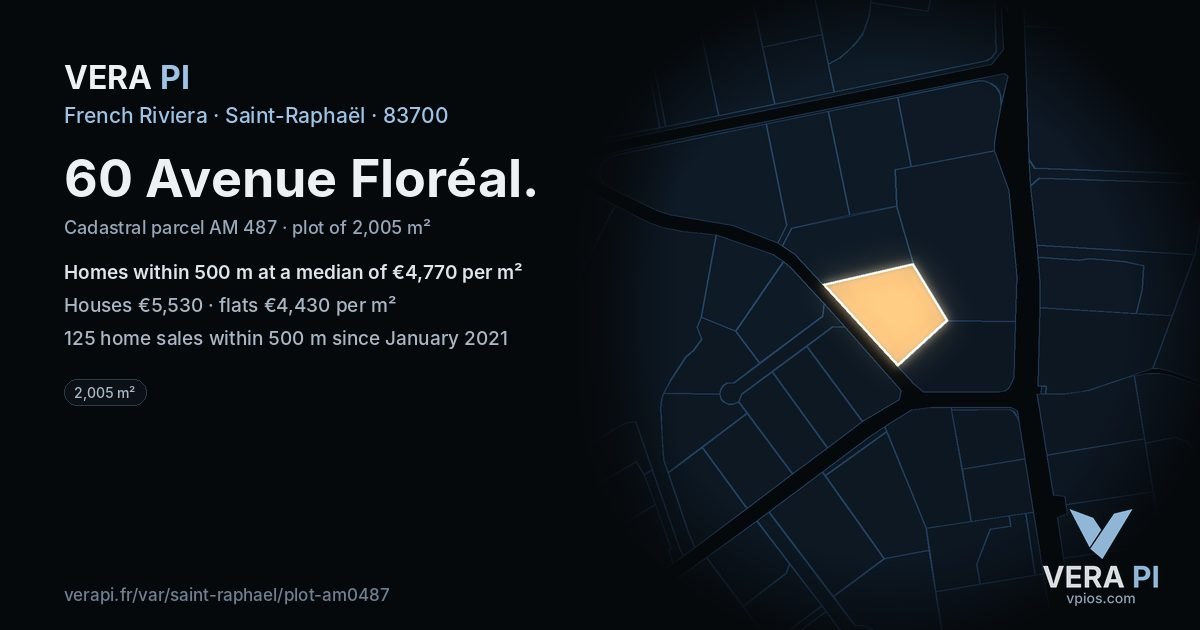 60 Avenue Floréal, Saint-Raphaël at night – the plot lit, the parcels around coloured by the prices near them