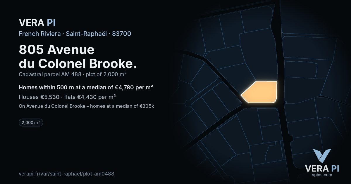 805 Avenue du Colonel Brooke, Saint-Raphaël at night – the plot lit, the parcels around coloured by the prices near them