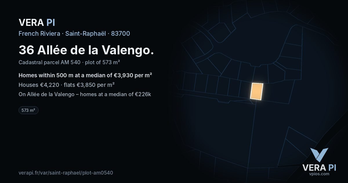 36 Allée de la Valengo, Saint-Raphaël at night – the plot lit, the parcels around coloured by the prices near them