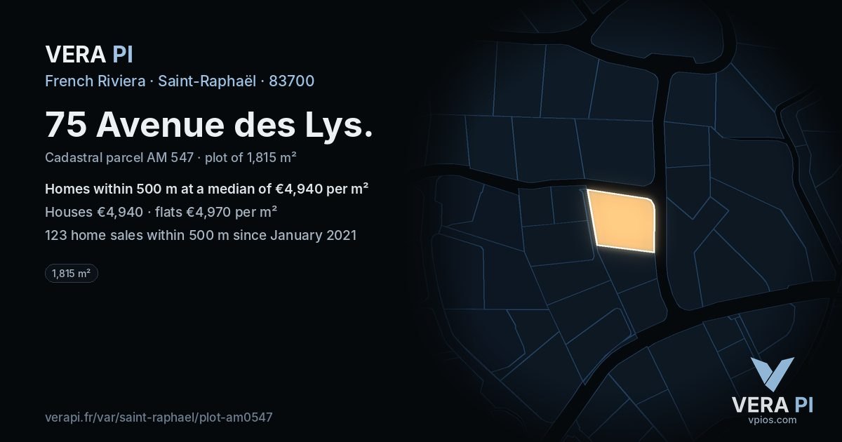 75 Avenue des Lys, Saint-Raphaël at night – the plot lit, the parcels around coloured by the prices near them