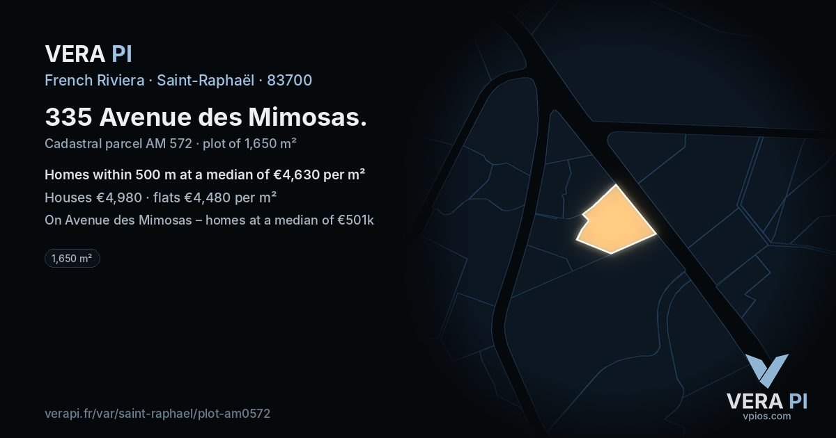 335 Avenue des Mimosas, Saint-Raphaël at night – the plot lit, the parcels around coloured by the prices near them