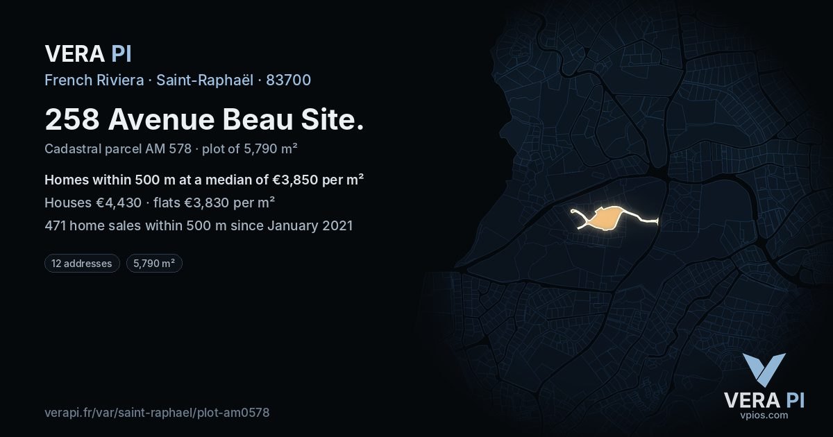 258 Avenue Beau Site, Saint-Raphaël at night – the plot lit, the parcels around coloured by the prices near them
