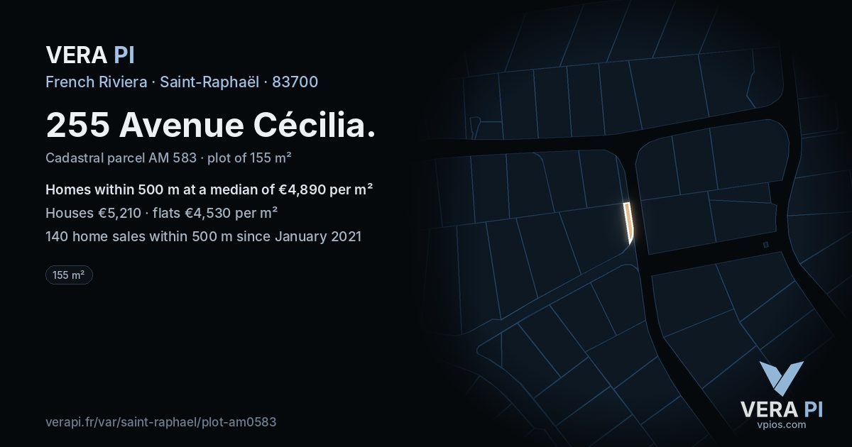 255 Avenue Cécilia, Saint-Raphaël at night – the plot lit, the parcels around coloured by the prices near them