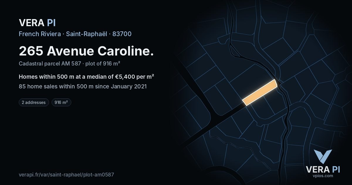 265 Avenue Caroline, Saint-Raphaël at night – the plot lit, the parcels around coloured by the prices near them
