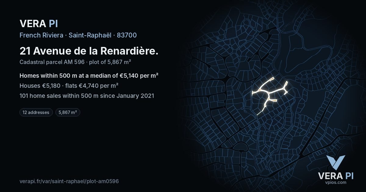 21 Avenue de la Renardière, Saint-Raphaël at night – the plot lit, the parcels around coloured by the prices near them