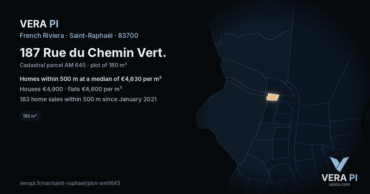 187 Rue du Chemin Vert, Saint-Raphaël at night – the plot lit, the parcels around coloured by the prices near them