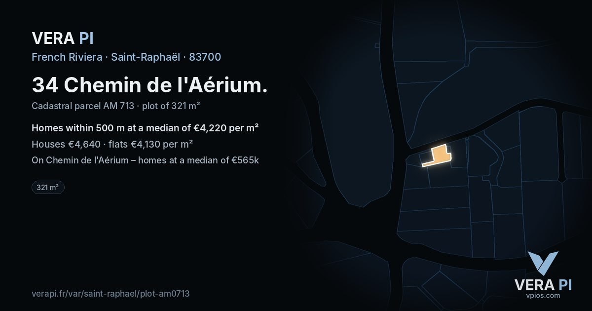 34 Chemin de l'Aérium, Saint-Raphaël at night – the plot lit, the parcels around coloured by the prices near them