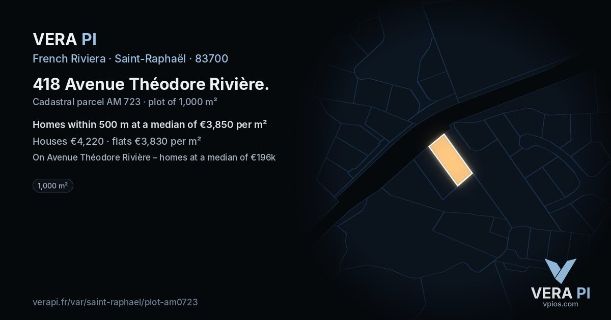 418 Avenue Théodore Rivière, Saint-Raphaël at night – the plot lit, the parcels around coloured by the prices near them