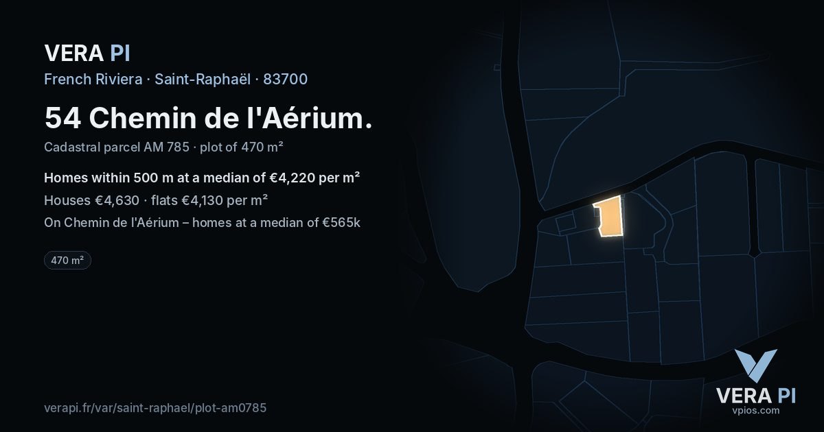 54 Chemin de l'Aérium, Saint-Raphaël at night – the plot lit, the parcels around coloured by the prices near them