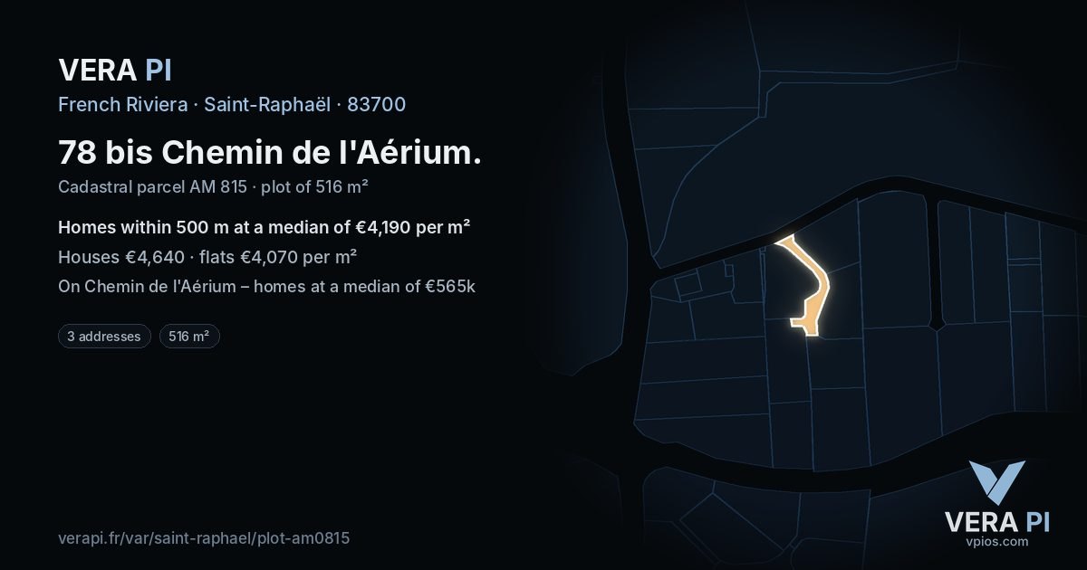 78 bis Chemin de l'Aérium, Saint-Raphaël at night – the plot lit, the parcels around coloured by the prices near them
