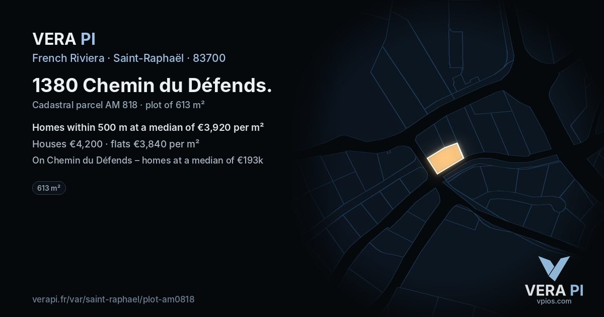 1380 Chemin du Défends, Saint-Raphaël at night – the plot lit, the parcels around coloured by the prices near them