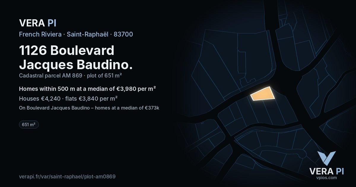 1126 Boulevard Jacques Baudino, Saint-Raphaël at night – the plot lit, the parcels around coloured by the prices near them
