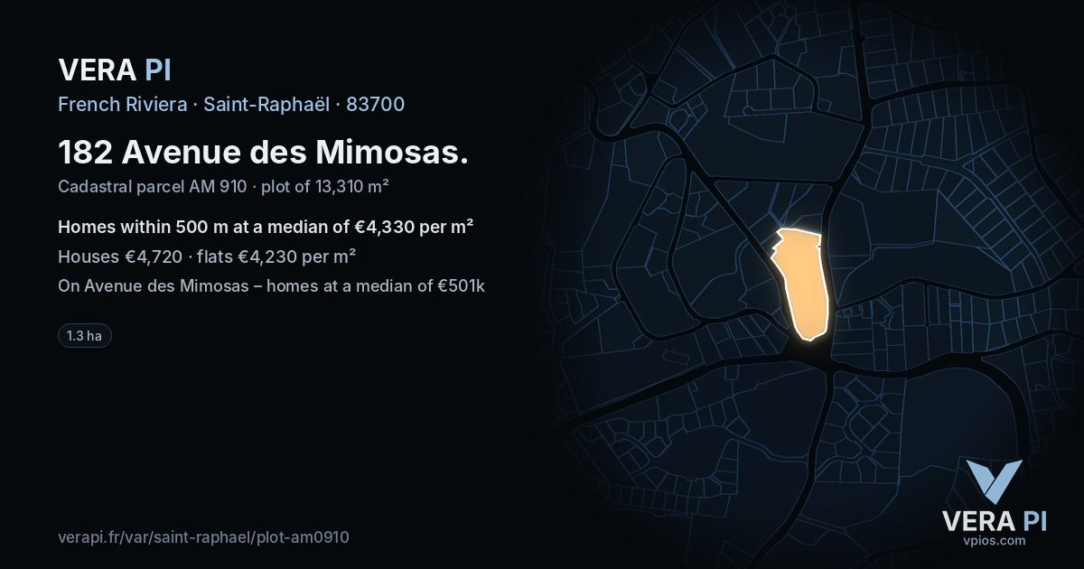 182 Avenue des Mimosas, Saint-Raphaël at night – the plot lit, the parcels around coloured by the prices near them