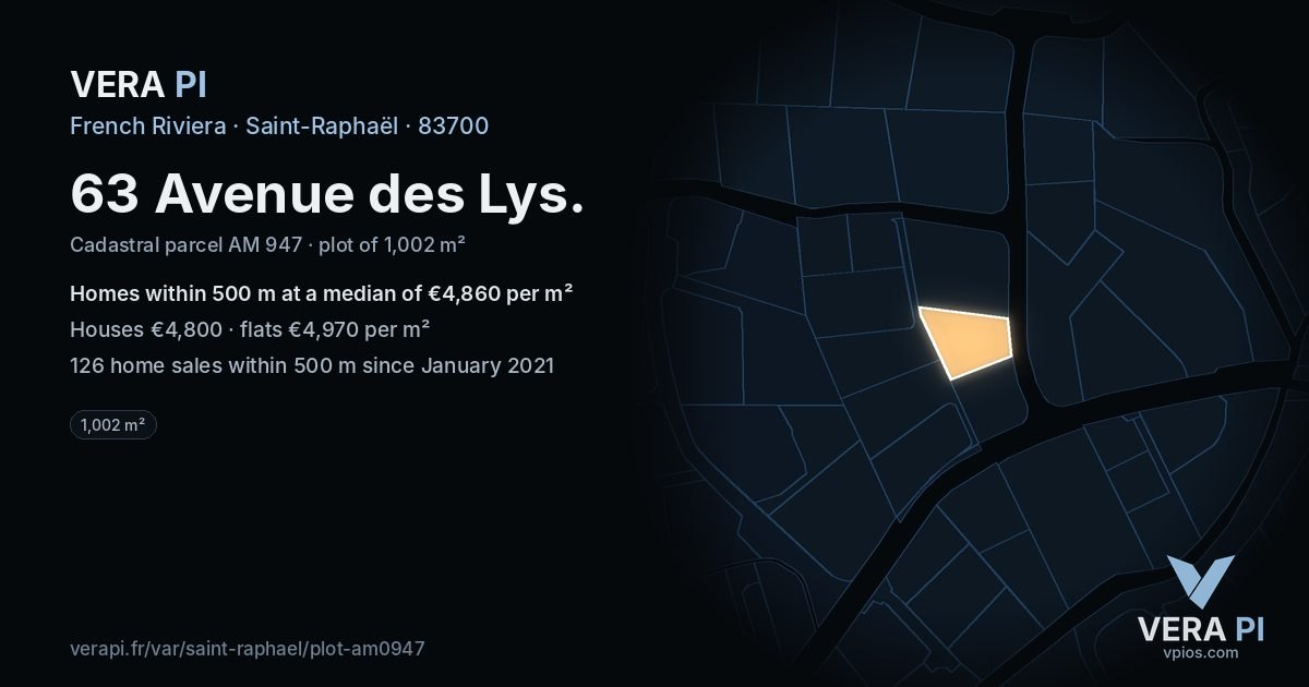 63 Avenue des Lys, Saint-Raphaël at night – the plot lit, the parcels around coloured by the prices near them