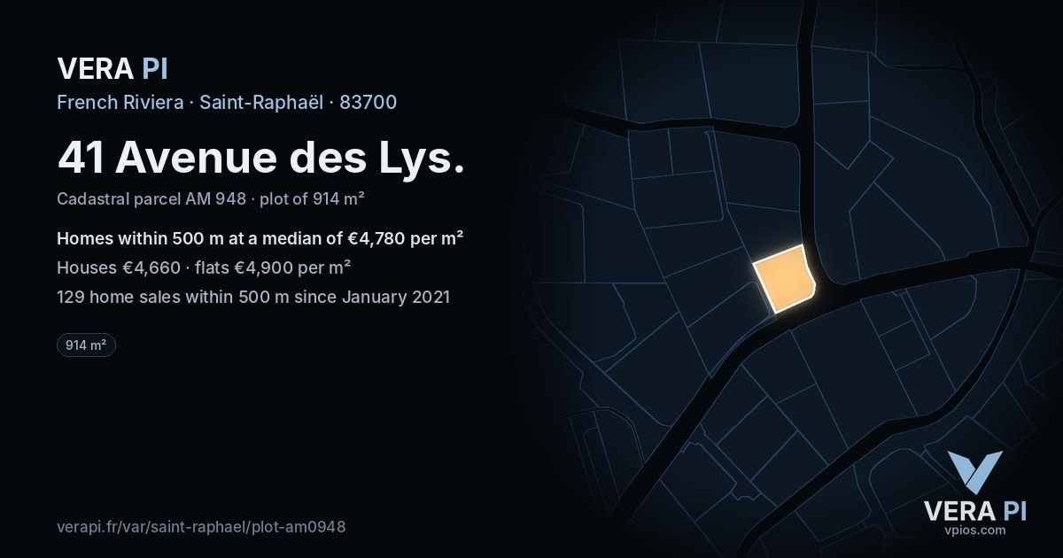 41 Avenue des Lys, Saint-Raphaël at night – the plot lit, the parcels around coloured by the prices near them