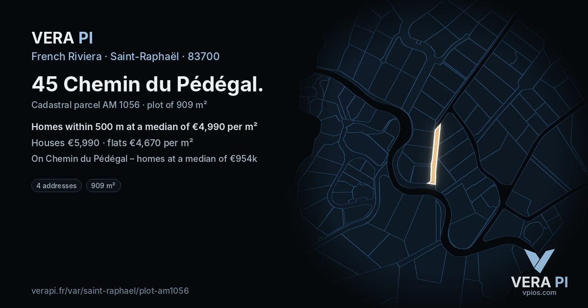 45 Chemin du Pédégal, Saint-Raphaël at night – the plot lit, the parcels around coloured by the prices near them