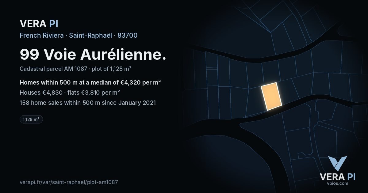99 Voie Aurélienne, Saint-Raphaël at night – the plot lit, the parcels around coloured by the prices near them