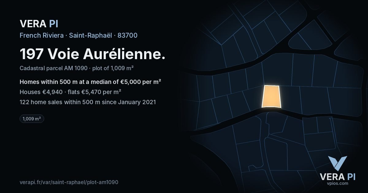 197 Voie Aurélienne, Saint-Raphaël at night – the plot lit, the parcels around coloured by the prices near them
