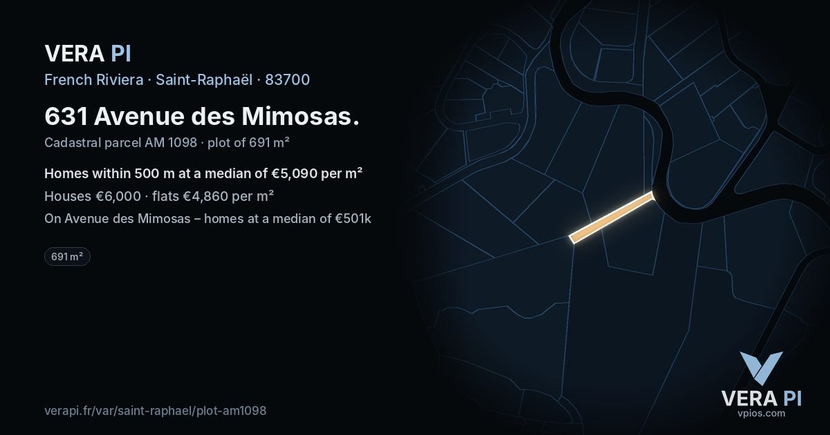 631 Avenue des Mimosas, Saint-Raphaël at night – the plot lit, the parcels around coloured by the prices near them