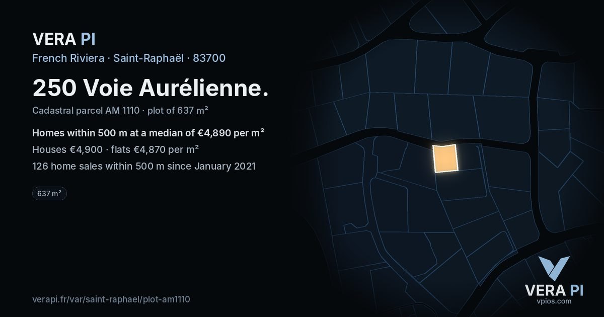 250 Voie Aurélienne, Saint-Raphaël at night – the plot lit, the parcels around coloured by the prices near them