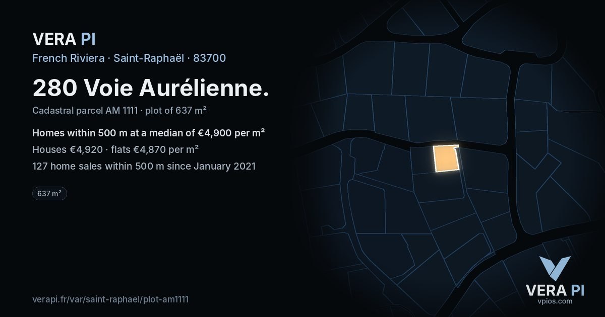280 Voie Aurélienne, Saint-Raphaël at night – the plot lit, the parcels around coloured by the prices near them