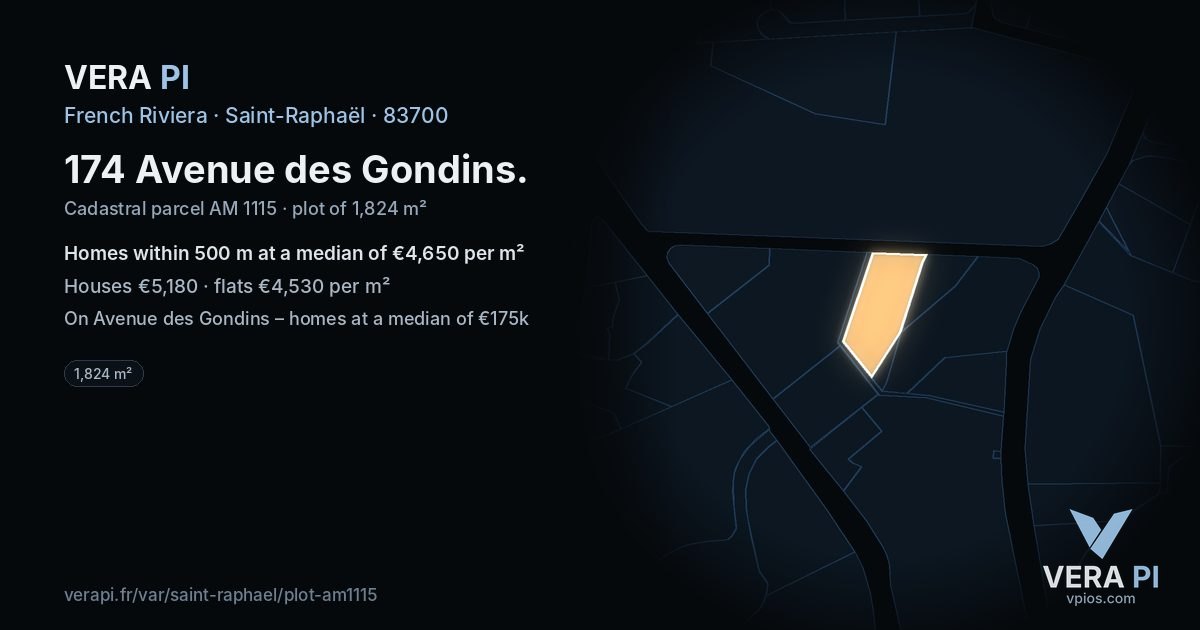 174 Avenue des Gondins, Saint-Raphaël at night – the plot lit, the parcels around coloured by the prices near them