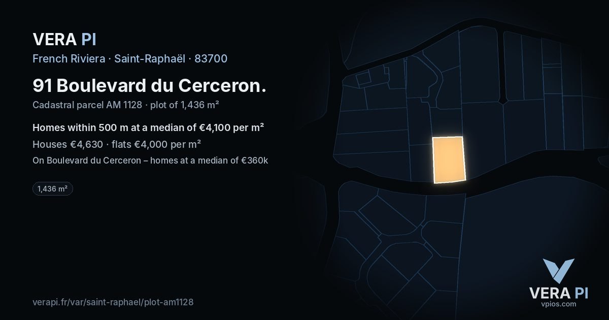 91 Boulevard du Cerceron, Saint-Raphaël at night – the plot lit, the parcels around coloured by the prices near them