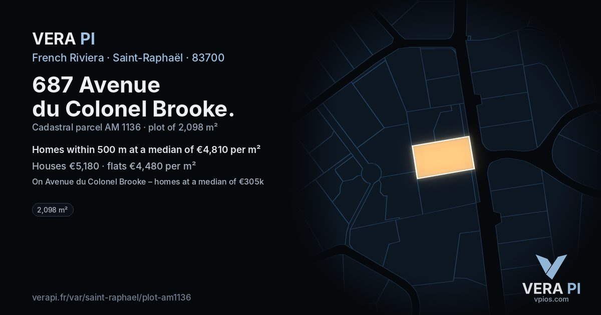 687 Avenue du Colonel Brooke, Saint-Raphaël at night – the plot lit, the parcels around coloured by the prices near them