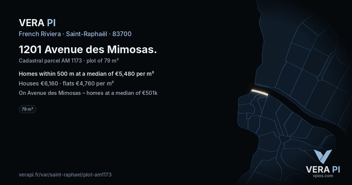1201 Avenue des Mimosas, Saint-Raphaël at night – the plot lit, the parcels around coloured by the prices near them