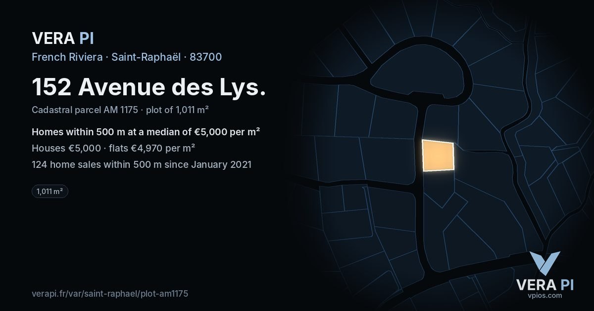 152 Avenue des Lys, Saint-Raphaël at night – the plot lit, the parcels around coloured by the prices near them