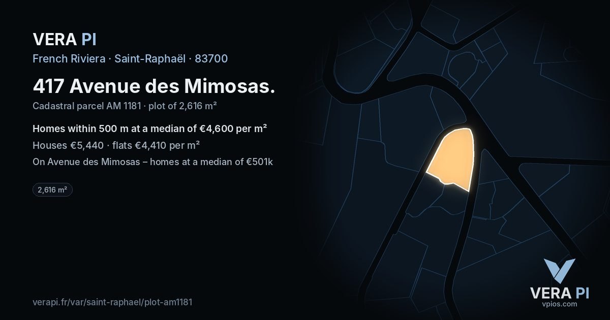 417 Avenue des Mimosas, Saint-Raphaël at night – the plot lit, the parcels around coloured by the prices near them