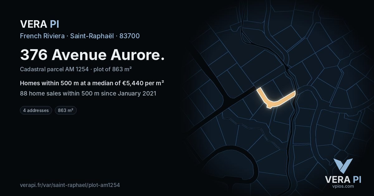 376 Avenue Aurore, Saint-Raphaël at night – the plot lit, the parcels around coloured by the prices near them