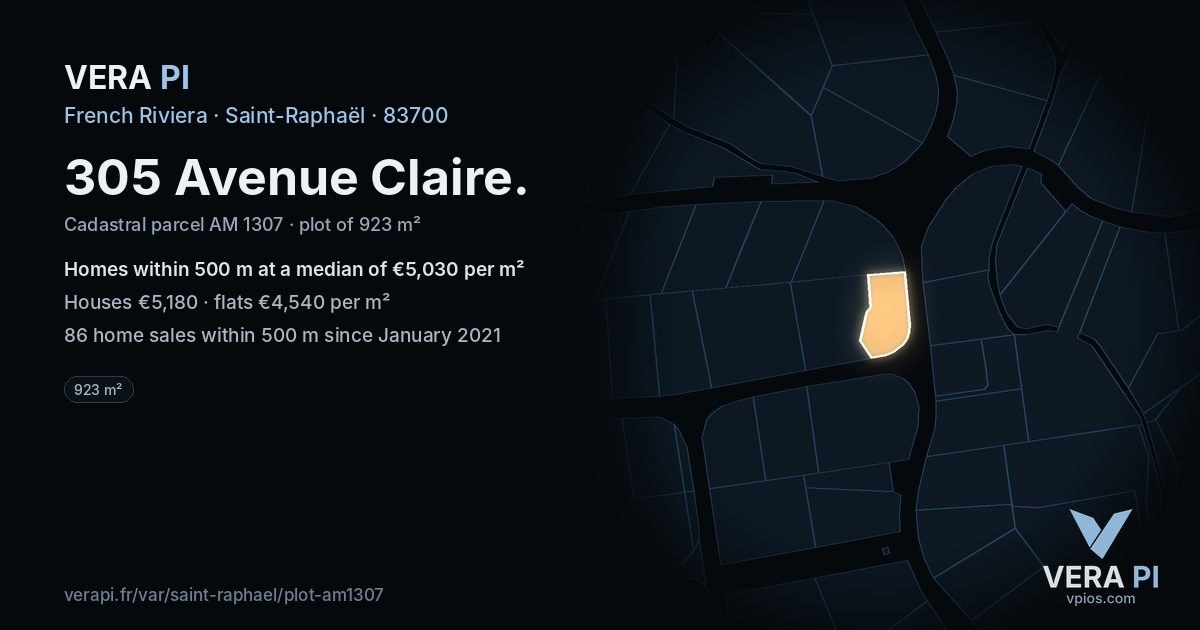 305 Avenue Claire, Saint-Raphaël at night – the plot lit, the parcels around coloured by the prices near them