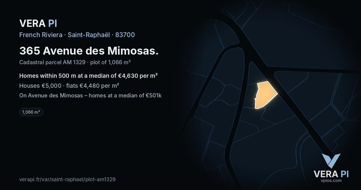 365 Avenue des Mimosas, Saint-Raphaël at night – the plot lit, the parcels around coloured by the prices near them