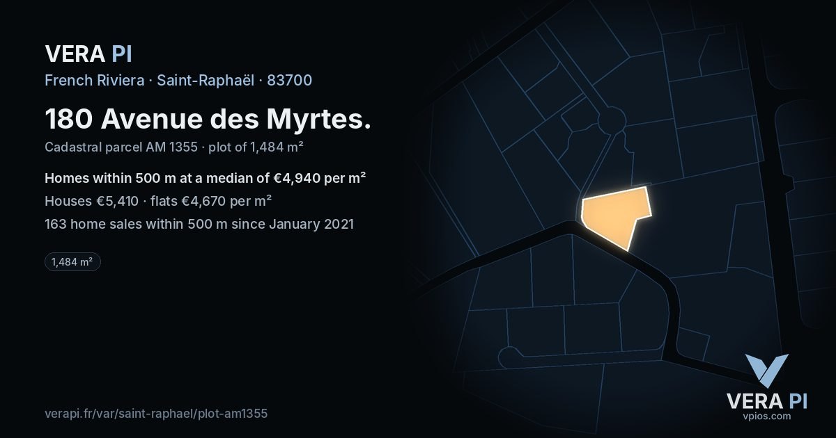 180 Avenue des Myrtes, Saint-Raphaël at night – the plot lit, the parcels around coloured by the prices near them