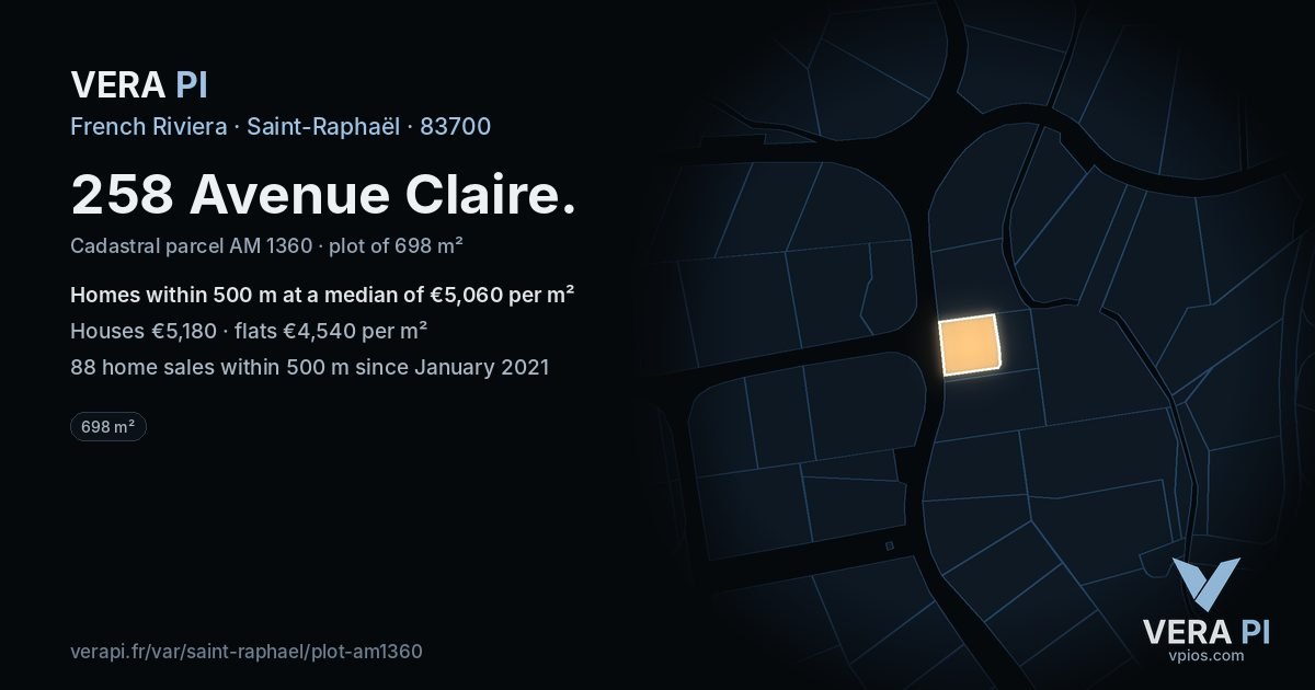 258 Avenue Claire, Saint-Raphaël at night – the plot lit, the parcels around coloured by the prices near them