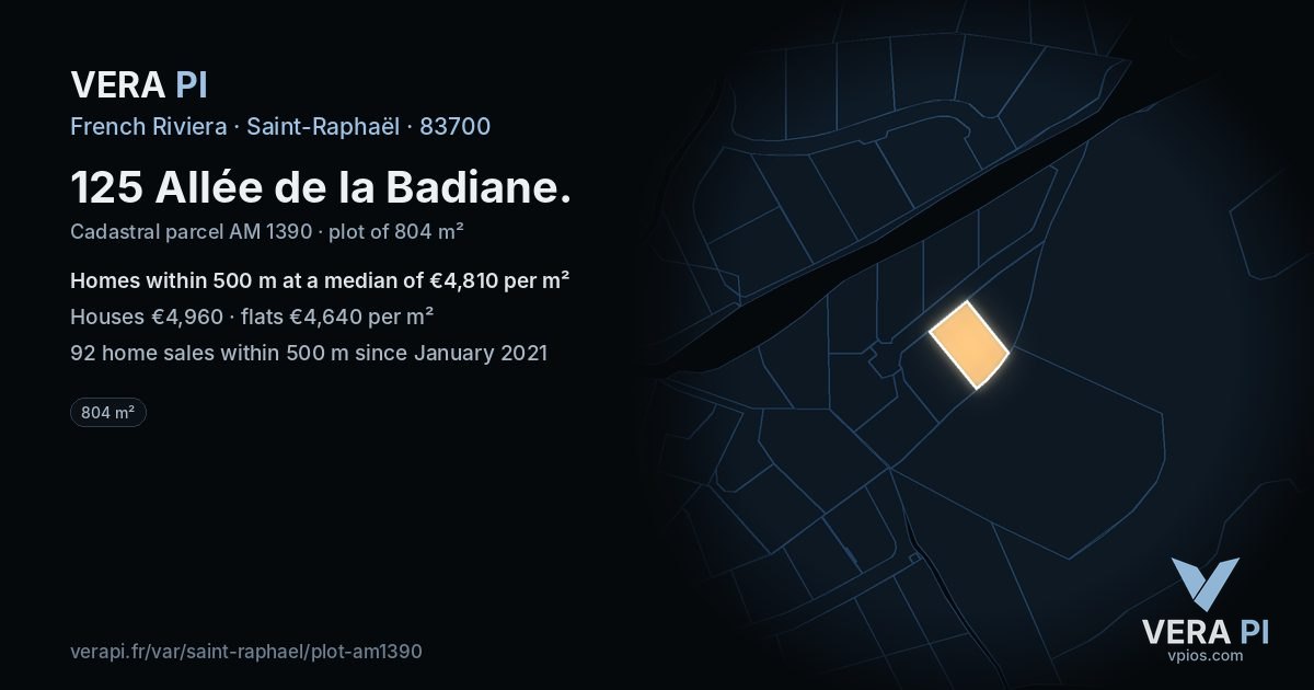 125 Allée de la Badiane, Saint-Raphaël at night – the plot lit, the parcels around coloured by the prices near them
