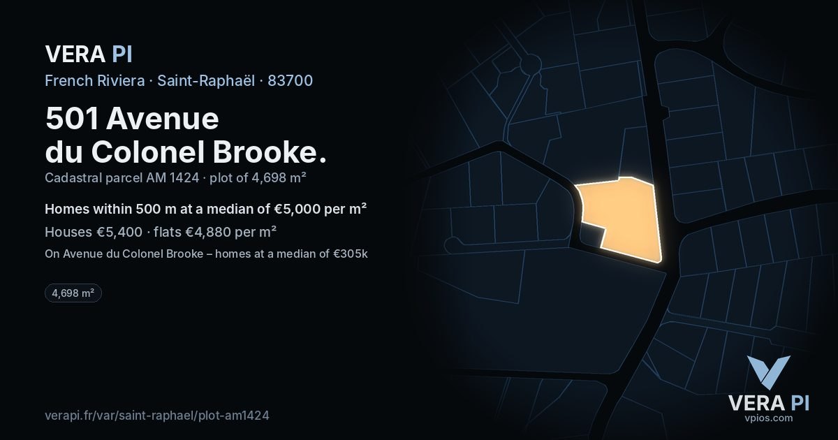 501 Avenue du Colonel Brooke, Saint-Raphaël at night – the plot lit, the parcels around coloured by the prices near them